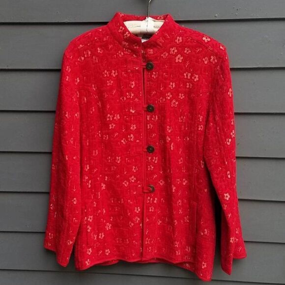 Chicos Red Gold Jacquard Asian Inspried floral Jacket Chicos size 2 - Picture 1 of 13